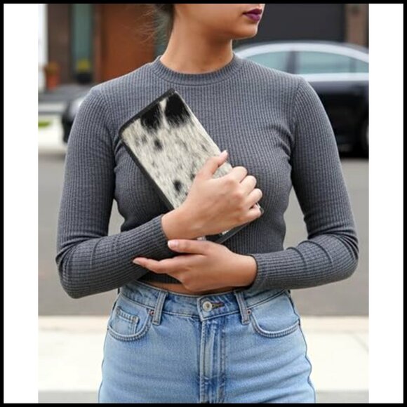 Genuine Cowhide Leather Clutch Wristlet with Detachable Strap